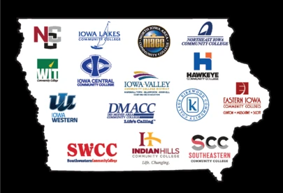 The state of Iowa with all of the community colleges identified.